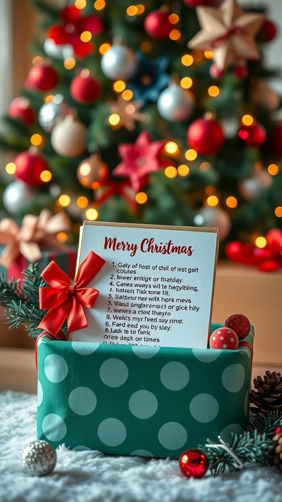 Christmas Wishlist Ideas A Christmas wishlist on a gift box with holiday decorations and a Christmas tree in the background.